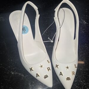Karl Lagerfeld White Pointed Slingback Heels with Gold Lettering